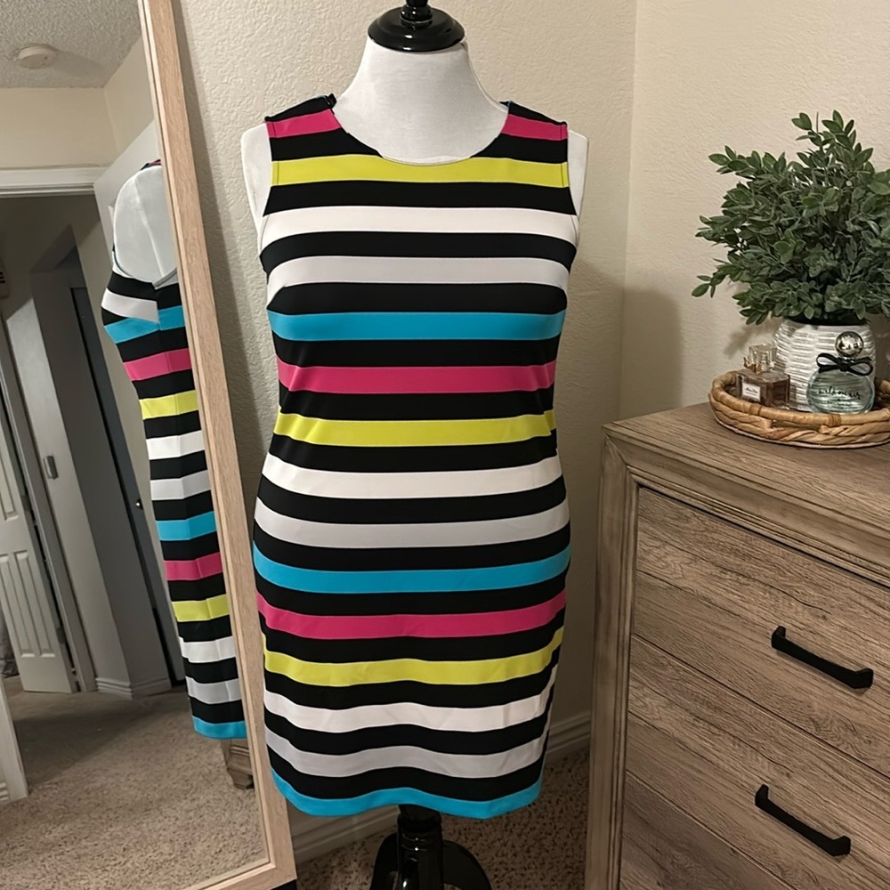 Worthington Striped Sleeveless Dress in Black, White, Pink, Turquoise, Lime